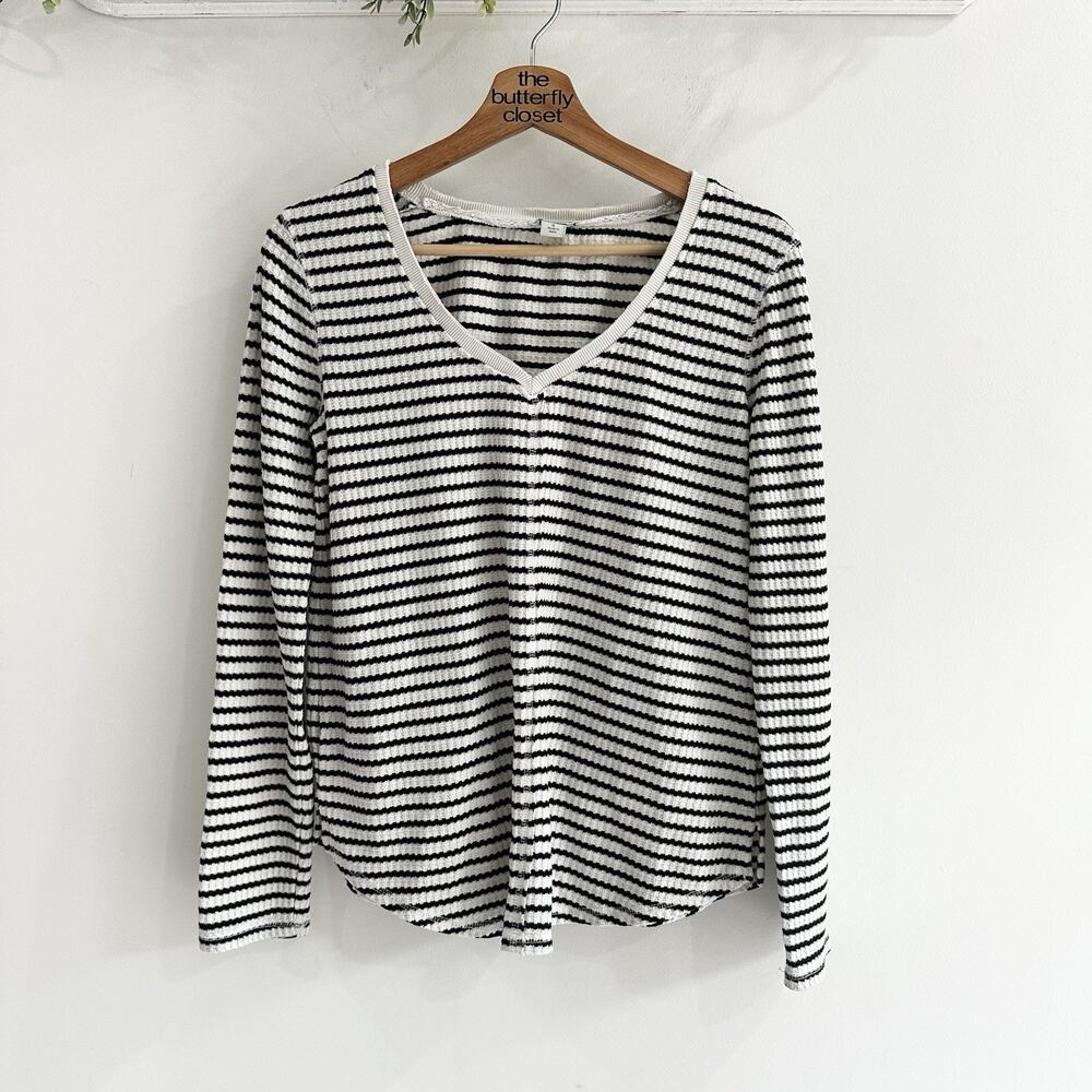 Sundance Black and White Striped Ribbed V-Neck Long Sleeve Size S JJ6753